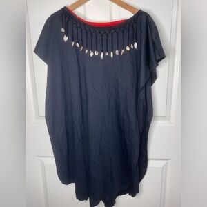 Beach Poncho Black & Red Swim Coverup, Seashell Fringe, Vintage